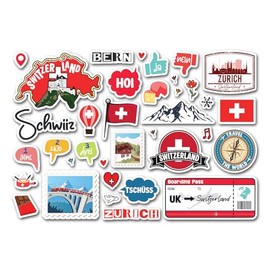 A5 Sticker Sheet Switzerland Landmarks Vinyl Stickers - Zurich Swiss Map Flag Travel Holiday Country Language City Scrapbook #83347