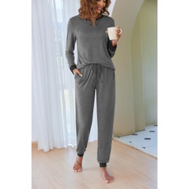 Ekouaer Women's Pajamas Sets Long Sleeve Pjs Soft Sleepwear O Neck 2 Piece Joggers Loung Set with Pockets Deep Grey