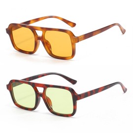 LJCZKA Retro Sunglasses Aviator Glasses for Men Women Classic 70s Flat Square Double Bridge Sunglasses with UV400 Protection, Leopard orange + leopard light green