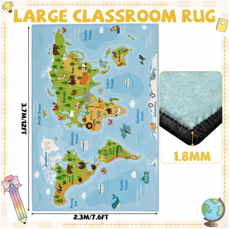 7.6x12 ft Large World Map Classroom Rug Travel Maps Educational