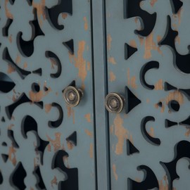 Sophia & William Accent Storage Cabinet with Single Door, Distressed End Side Table, Decorative Nightstand with Wooden Frame and Hollow-Carved Floral Patterns for Entryway Living Room Bedroom, Blue