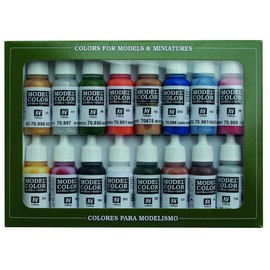 Vallejo 70101 - Vallejo Model Color Folkstone Basics Acrylic Paint Set - 16 x Assorted 17millimeter Colour, Beige/Blue/Brown/Gold/Green/Grey/Orange/Red/Silver/Yellow