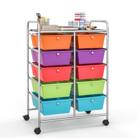 Giantex 10 Drawers Rolling Cart, Classroom Organizers, Storage Cart with Wheels, for Teacher Office Home School Supplies Tool Craft Art Paper, Rainbow Color