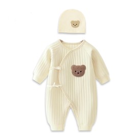 Babyfond Boys Girls Bodysuit Newborn Infant's Warm Cotton Bodysuit with Hat,100% Cotton Toddler Home Wear Thickened Spring and Autumn Clothing (beige, 0-1M)