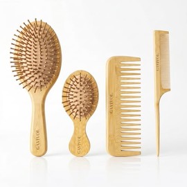 Juego de 4 cepillos de bambú para el cabello, cepillo de masaje de bambú grande y pequeño, peine de cola de diente fino y peine de dientes anchos, cepillo desenredante para cabello seco