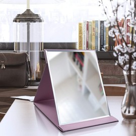 LONGSHENG - SINCE 2001 - Protable - Espejo plegable de piel sintética con soporte ajustable para uso personal, viajes (L, rosa)