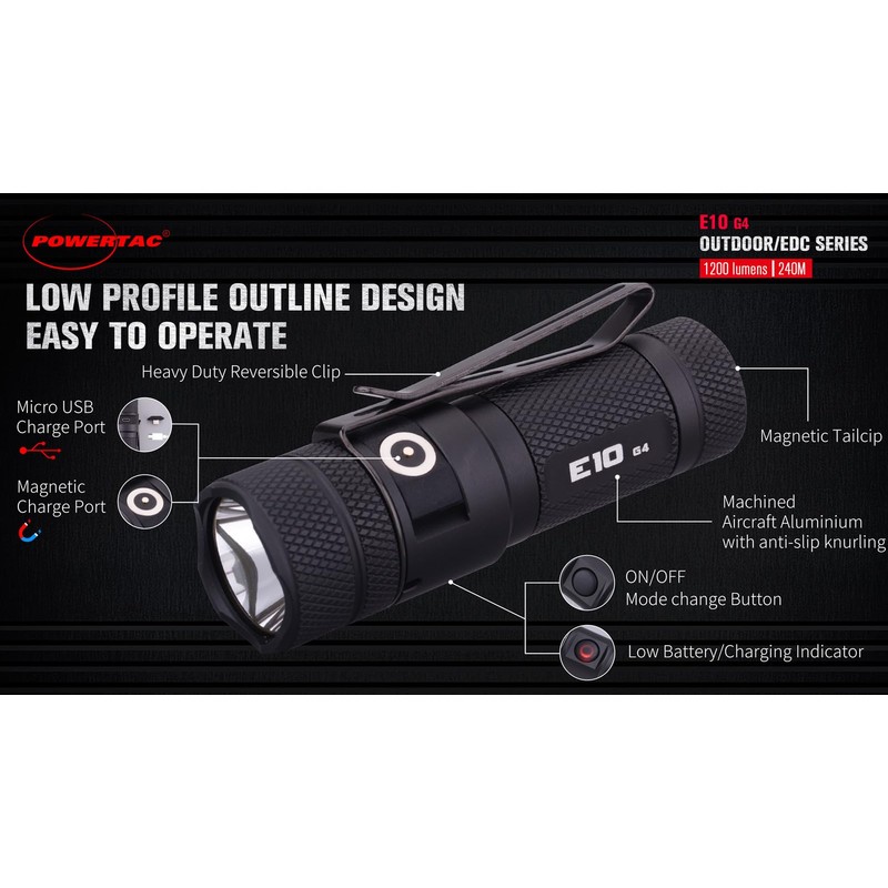 PowerTac E10R-G4: E10-G4 Magnetic Charging EDC- Magnetic Tailcap, Black