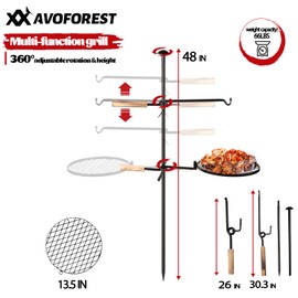 AVOFOREST Swivel Campfire Grill Grate Heavy Duty Camping Grill 360° Adjustable Over Fire Pit Grill for Outdoor Barbecue Camping Garden Dinner - 48" Rustproof Long Stakes