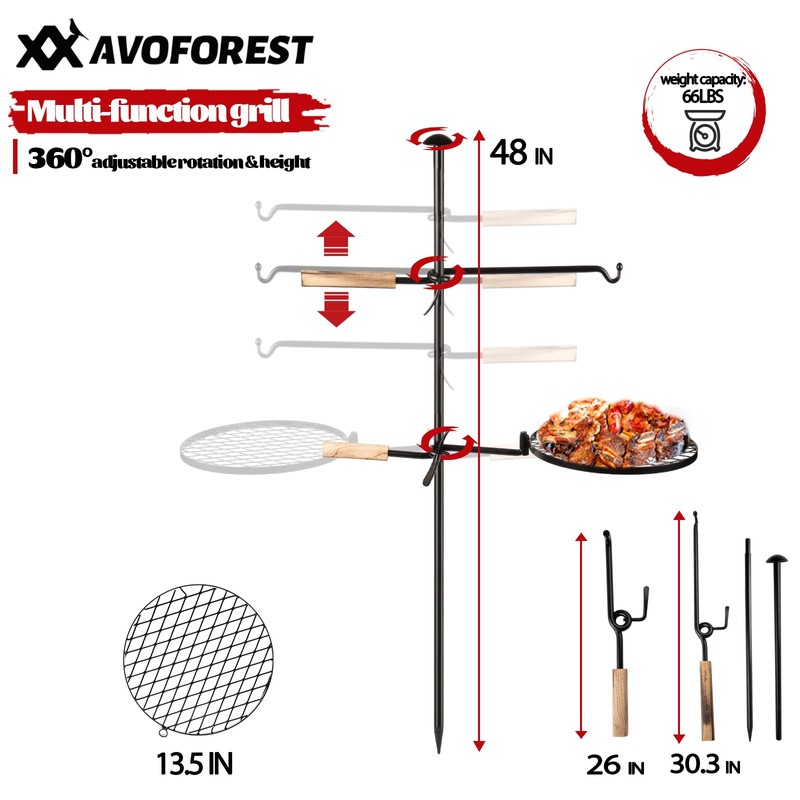 AVOFOREST Swivel Campfire Grill Grate Heavy Duty Camping Grill 360°