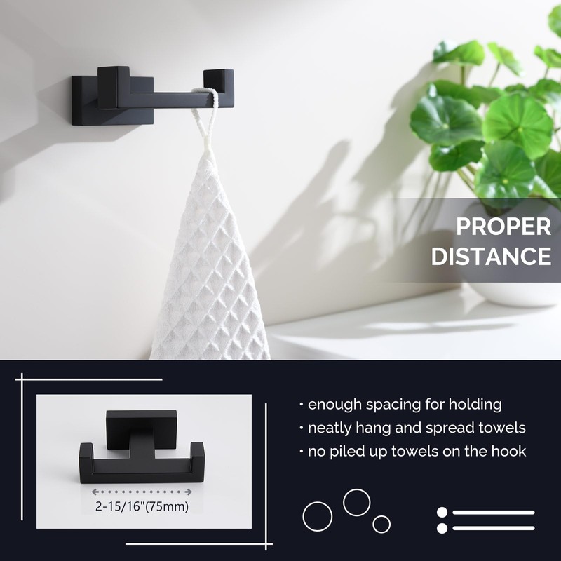 Angle Simple Double Towel Hook Matte Black, Stainless Steel Bathroom