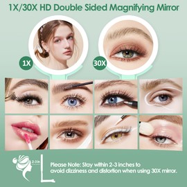MIYADIVA Magnifying Mirror with Light, Double Sided 30X/1X Lighted Travel Makeup Mirror with Magnification, 3 Color Lighting, Dimmable Touch Screen, Adjustable & Foldable Hand Mirror (Green)