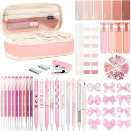 Eersida 58 Pcs Christmas Pink Bow School Supplies Coquette Aesthetic Stationery Large Pencil Pouch Ink Gel Pens Highlighters Sticky Notes Color Pens Stapler Set Christmas Gifts for Student