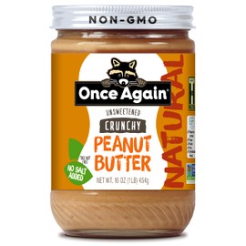 Once Again Natural, Crunchy Peanut Butter, 16oz - Salt Free, Unsweetened - Gluten Free Certified, Vegan, Kosher, Non-GMO Verified - Glass Jar