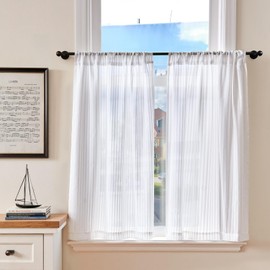TOPICK White Striped Voile Net Kitchen Curtains 36 Inch Drop Sheer Light Filtering Short Tier Cafe Curtains for Bathroom Cupboard Living Room Door Small Window Rod Pocket 2 Panels