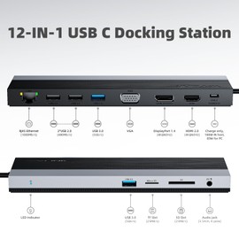 USB-C Docking Station 3 Monitors, WAVLINK Docking Station with HDMI, DP, VGA, 100W PD, USB3.0&2.0, RJ45, SD/TF Slots, Audio/Microphone for Lenovo/HP/Dell etc - Grey