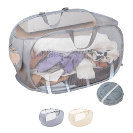 JYJLLM Durable Collapsible Laundry Baskets, Mesh Pop Up Laundry Hamper with Handy Pocket,Hamper with Reinforced Carry Handles for Laundry,Bathroom,Bedroom,College Dorm,Hotel,Travel (grey)