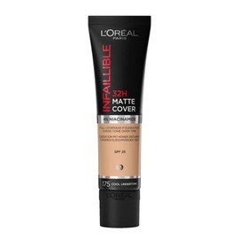 L'Oréal Paris, Infallible 32h Matte Cover, Base de maquillaje mate alta cobertura larga duración con skincare 4% Niacinamida, Anti-Imperfecciones, Tono 175 Cool, 30ml