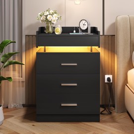 BTHFST Large Nightstand with Charging Station and LED Lights, Black Night Stand with 3 Drawers and 1 Pull-Out Tray, End Table Side Table with Storage, Modern Bedside Table with Outlets