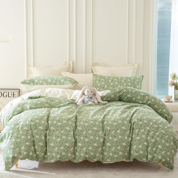 Rabbit Duvet Cover Twin, 100% Cotton 3 Pieces Rabbit Floral Bedding Set Twin, Cartoon Garden Style Green Floral Twin Duvet Cover, with Zipper Closure, Luxury Soft Breathable Comfy (Rabbit, Twin)