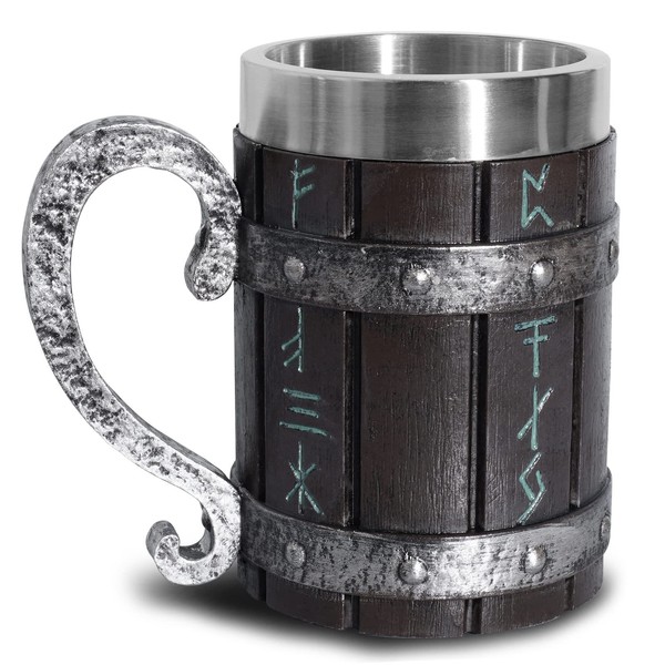OTARTUDE Tasse à bière en bois de chêne nordique avec doublure en acier inoxydable, motif runes viking nordiques, pour homme et fête des pères, 550 ml