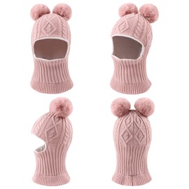 JANGANNSA Winter Pompom Girls Beanie Infant Toddler Balaclava Baby Boys Hat Scarf Warm Knitted Kids Beanie (Skin Pink, 6-36 Months)