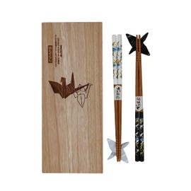 Origami Paper Crane Sushi Chopsticks Set 2 Pairs Including Base in Premium Wooden Box Sustainable Japanese Chinese Korean Taiwanese