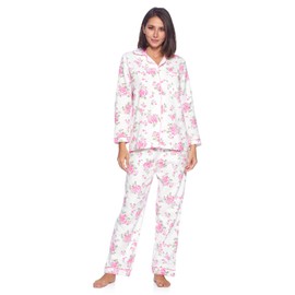 Casual Nights Women's Flannel Long Sleeve Button Down Pajama Set, White Pink Flower, 4XL