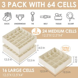 Criusia 3 Pack Sock Underwear Drawer Organizer Dividers, 64 Cell Fabric Foldable Cabinet Dresser Closet Organizers and Storage Boxes for Organizing Socks, Underwear, Ties (16+24+24 Cell, Beige)