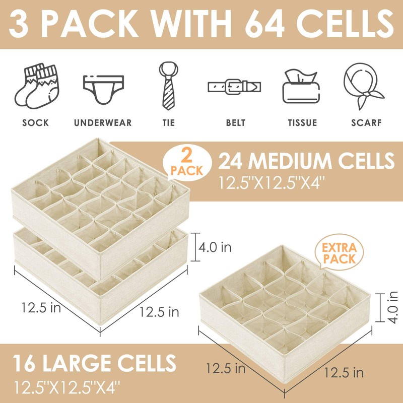 Criusia 3 Pack Sock Underwear Drawer Organizer Dividers, 64 Cell
