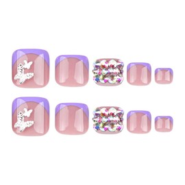 Purple French Tip Press on Toenails 3D Butterfly Fake Toes with Rhinestone Design Nude Glue on Toes Glossy Acrylic Full Cover Stick on Toenails Short Square False Toenails for Women Manicure 24 pcs