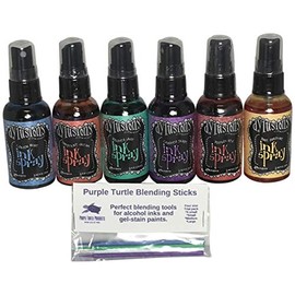 Ranger Dylusions Ink Spray Bundle Six Bottle Set with Bonus Purple Turtle Blending Sticks (Bolder)