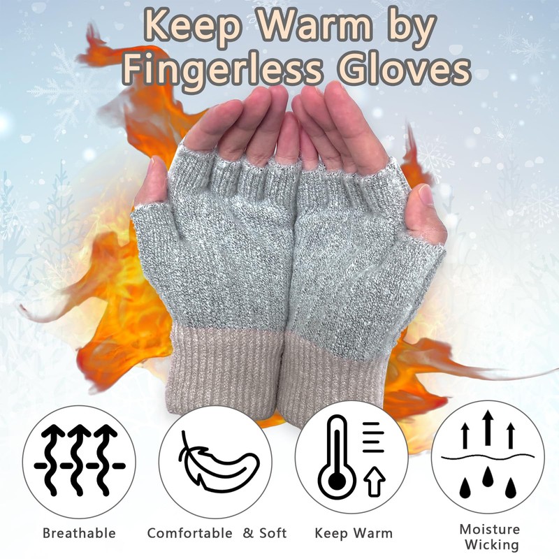 2 Pairs Fingerless Gloves for Women Men, Winter Knitted Touchscreen