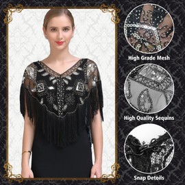 PLULON 8 Pcs 1920s Flapper Accessories Set for Women, Great Gatsby Dresses Sequin Shawl Wraps Roaring 20s Dresses for Party with Feather Headband(Black Silver)