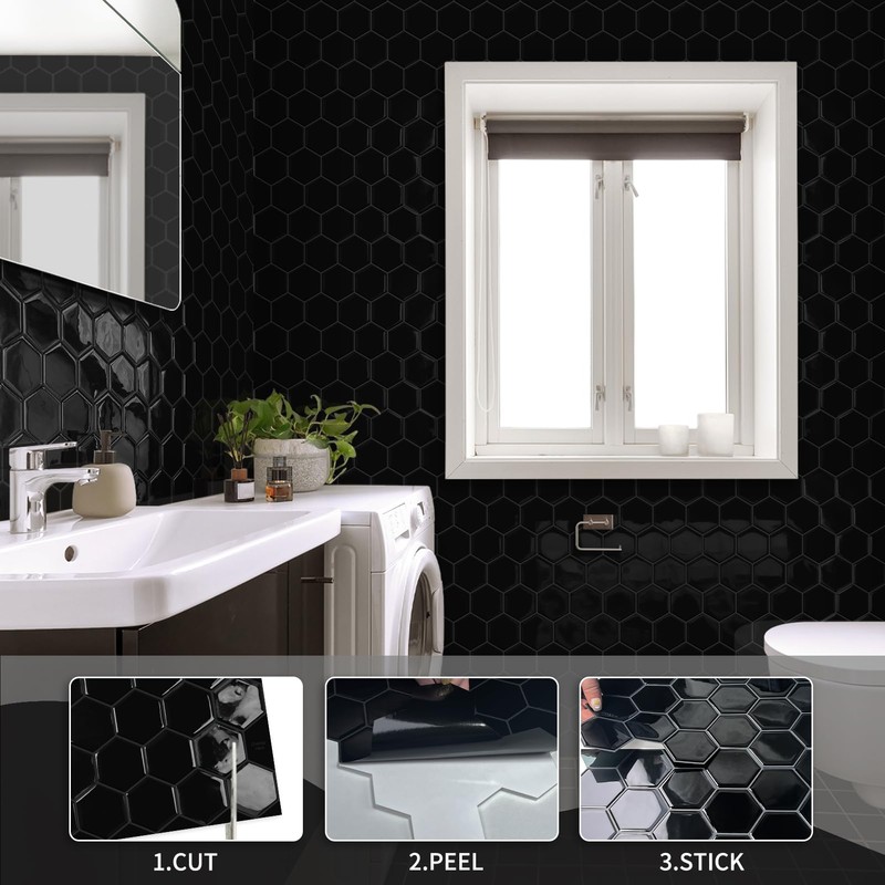 Black Hexagon Peel and Stick Backsplash,12" x 12" Self Adhesive