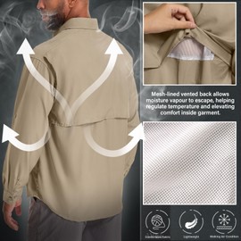 Toumett Men's Sun Protection Fishing Shirts Long Sleeve Safari Shirts UPF 50 UV Quick Dry Cooling Travel Work Shirts(5039,Khaki,M)