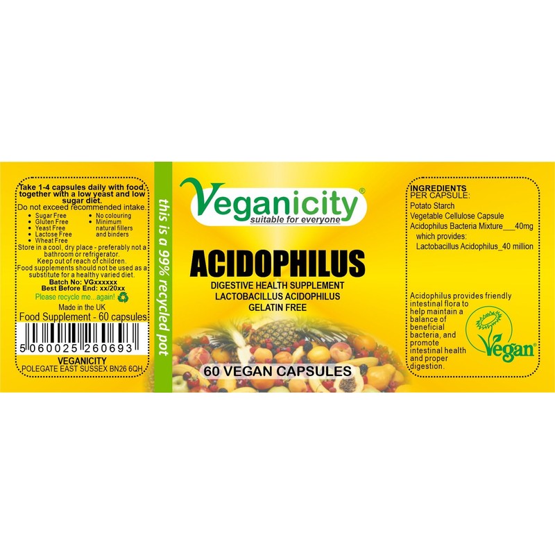 Veganicity Acidophilus Probiotic : Digestive Health Supplement : 60 Vegan
