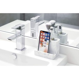 iDesign 28250 Dakota Resin Marble Vanity Center for Toothbrush, Cell Phone, Bathroom Countertops, Desks, Vanities, Dorm, Office - White Marble and Satin Metal Accents
