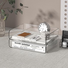 FANXIYQ 2-Tier Acrylic Paper Tray Organizer - Low-Profile Desk File Sorter for Office/Home, Clear Stackable Letter Tray for Bills, Crafts, Notebooks