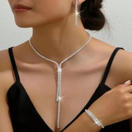 Silver Jewelry for Women Costume Jewelry Wedding Jewelry Set for Women Brides Sparkling Rhinestone Choker Necklace Earrings Bracelet Set Prom Wedding Guest Dresses Accessories for Women