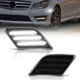POPMOTORZ Full LED Front Bumper Side Marker Light Assembly, White Blinker Signal Lamp Kit Compatible With 2008-2011 Mercedes W204 C250 C300 C350 & 2008-2013 C63 AMG Driver & Passenger Side-Smoked Lens