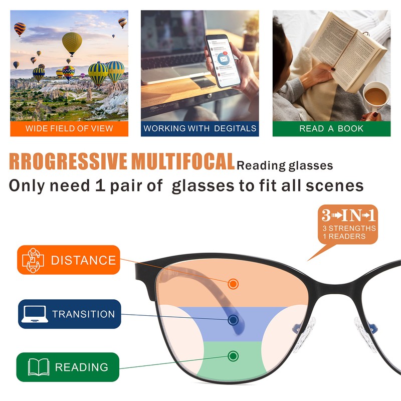 SUNAMOY Progressive Multifocal Reading Glasses Women Cat Eye No Line