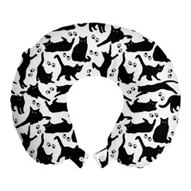 Ambesonne Cat Travel Pillow Neck Rest, Cats Yellow Eyes in Different Positions Paw Traces Playful Feline Animal, Memory Foam Traveling Accessory for Airplane and Car, 12", Black Charcoal