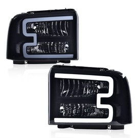 LQI LED Pair Headlight Assembly W/Harness, Compatible with Ford F250 F350 F450 F550 2005-2007, Fit Ford Excursion 2005, Smoky Lens Black Housing Clear Reflector, 6C3Z13008DB, 6C3Z13008CB