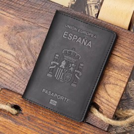 Porta pasaporte español, portadocumentos de piel vaca, tarjetero retro for tarjetas embarque, juego libreta for, funda for Funda para pasaporte(Black)