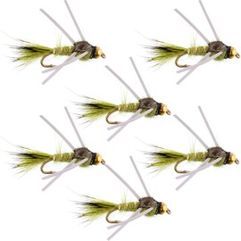 The Fly Fishing Place Tungsten Bead Head Nymph Fly Fishing Flies - Rubber Legs Olive Gold Ribbed Hare's Ear Trout Fly - Nymph Wet Fly - 6 Flies Hook Size 12