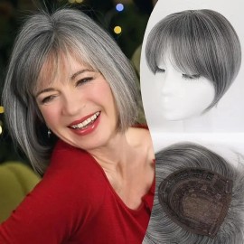 Full Volume Hair Topper for Women with Bangs Synthetic Bob Wig Natural Straight Hairpiece 360 Top Coverage for Thinning Haircolor: 1BT88A, stretched length: 10inches, toupee size: 6x6