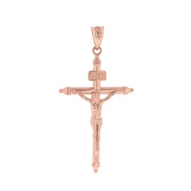 Solid 10k Rose Gold Passion Cross INRI Crucifix Pendant (1.2")