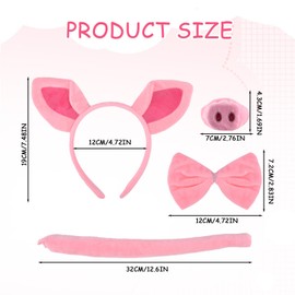 GWAWG 4-Piece Pig Costume Set, Pink Animal Pig Ear Headband, Faux Pig Snout Pig Rolled Tail Bow Tie Pig Ears Headband Cosplay Party Accessories for Carnival, Halloween, Children's Birthday Party