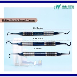 3 Dental Curettes 204S + H6/H7 + Montana Jack - Hollow Handle, Blue Titanium Coated Professional Teeth Cleaning Calculus Remover Periodontal Scalers - Stainless Steel for Oral Care Double Ended Tips