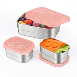 Tanjiae Small Stainless Steel Lunch Containers for Kids | Leak Proof Snack Containers with Silicone Lids - Perfect Metal Lunch Box with Lids for School and Daycare (25oz+8oz*2)